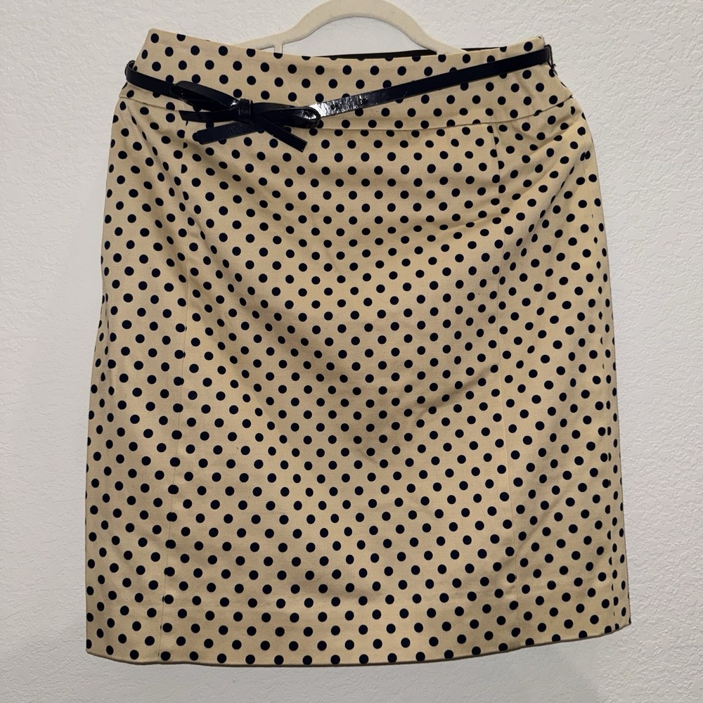 Sara Cambell Women's Sz 6 Pencil Skirt Flat Front  Polka Dot Beige Blue Belted
